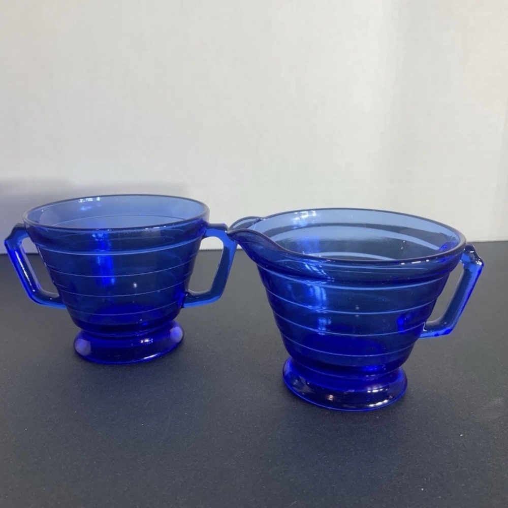 Vintage Cobalt Blue Glass Creamer and Sugar Set